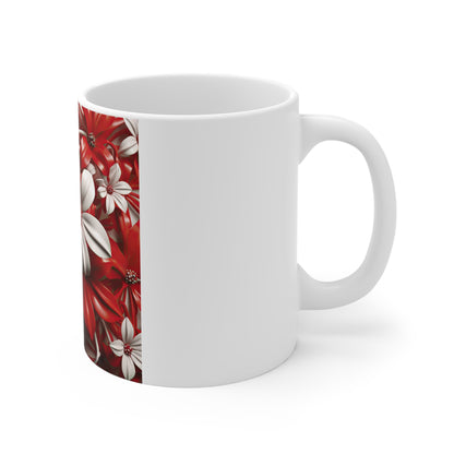 Patriotic 3D Floral Coffee Mug – Red White Flower Mug – Sculpted Botanical Art Cup – Bold Americana Flower Mug Red & White Floral Ceramic Mug — 11oz Decorative Flower Pattern Coffee Cup
