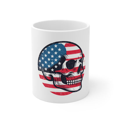 Vintage American Flag Skull Mug – Distressed Patriotic Skull Coffee Cup – USA Grunge Style 1776 Gift Mug 11oz