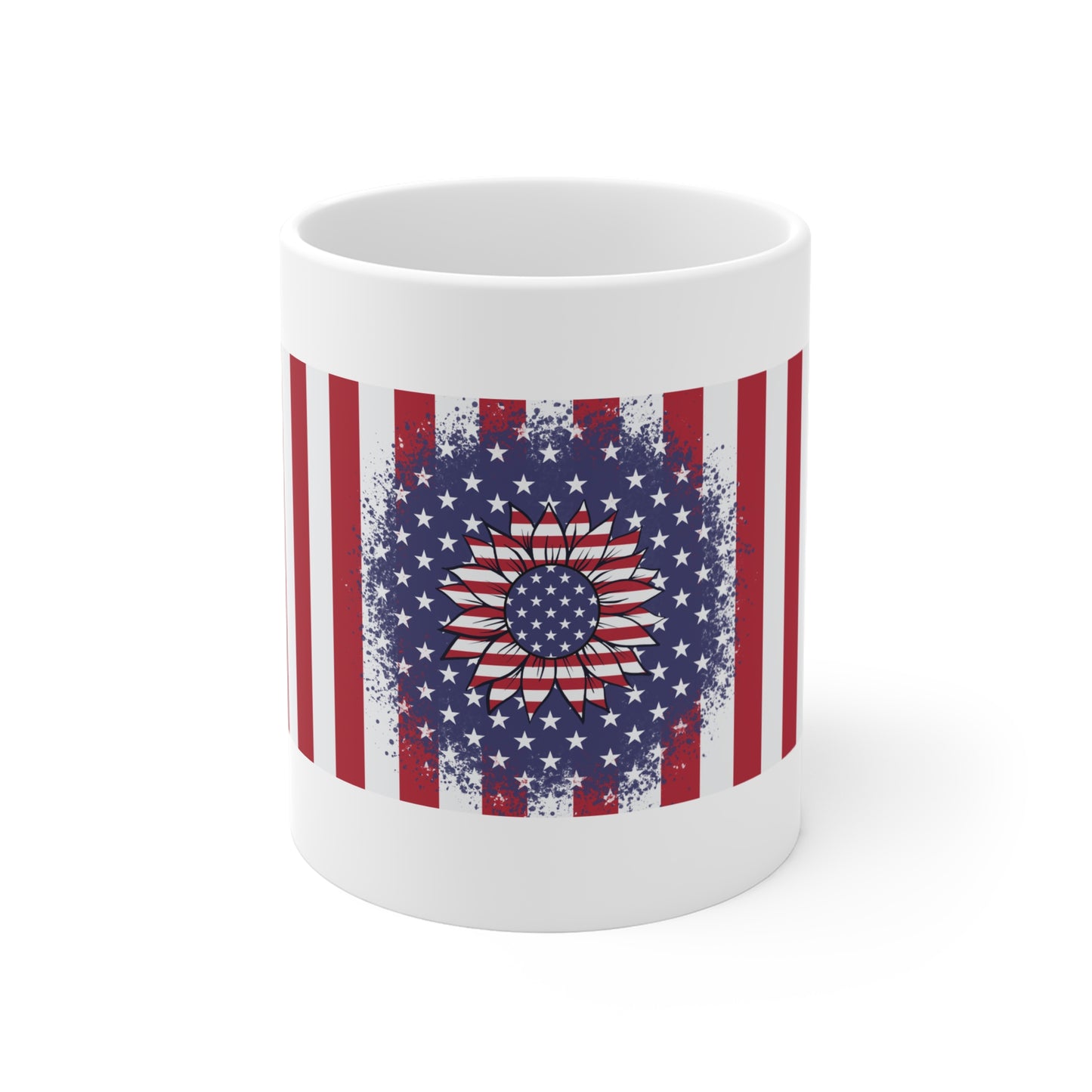 Patriotic Sunflower Coffee Mug – American Flag Floral Mug – Red White Blue Flower Cup – Artistic Americana Gift Mug 11oz