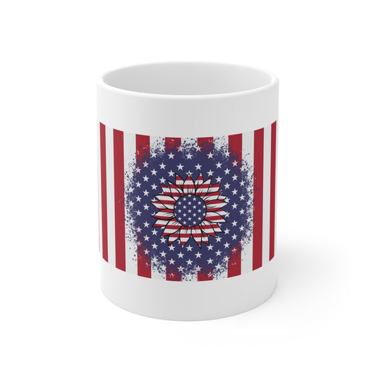 Patriotic Sunflower Coffee Mug – American Flag Floral Mug – Red White Blue Flower Cup – Artistic Americana Gift Mug 11oz