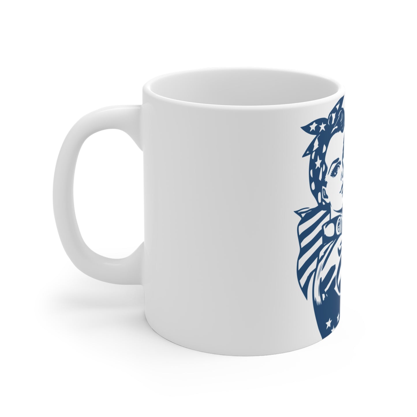Strong American Woman Coffee Mug – Rosie Style Patriotic Mug – Feminine Power USA Mug – Vintage Americana Woman Gift – Empowered Woman Coffee Cup Mug 11oz