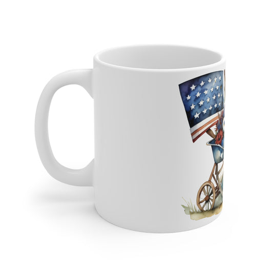Patriotic Wagon Garden Mug – Americana Watercolor Floral Coffee Cup – Rustic USA Flag Farmhouse Mug 11oz
