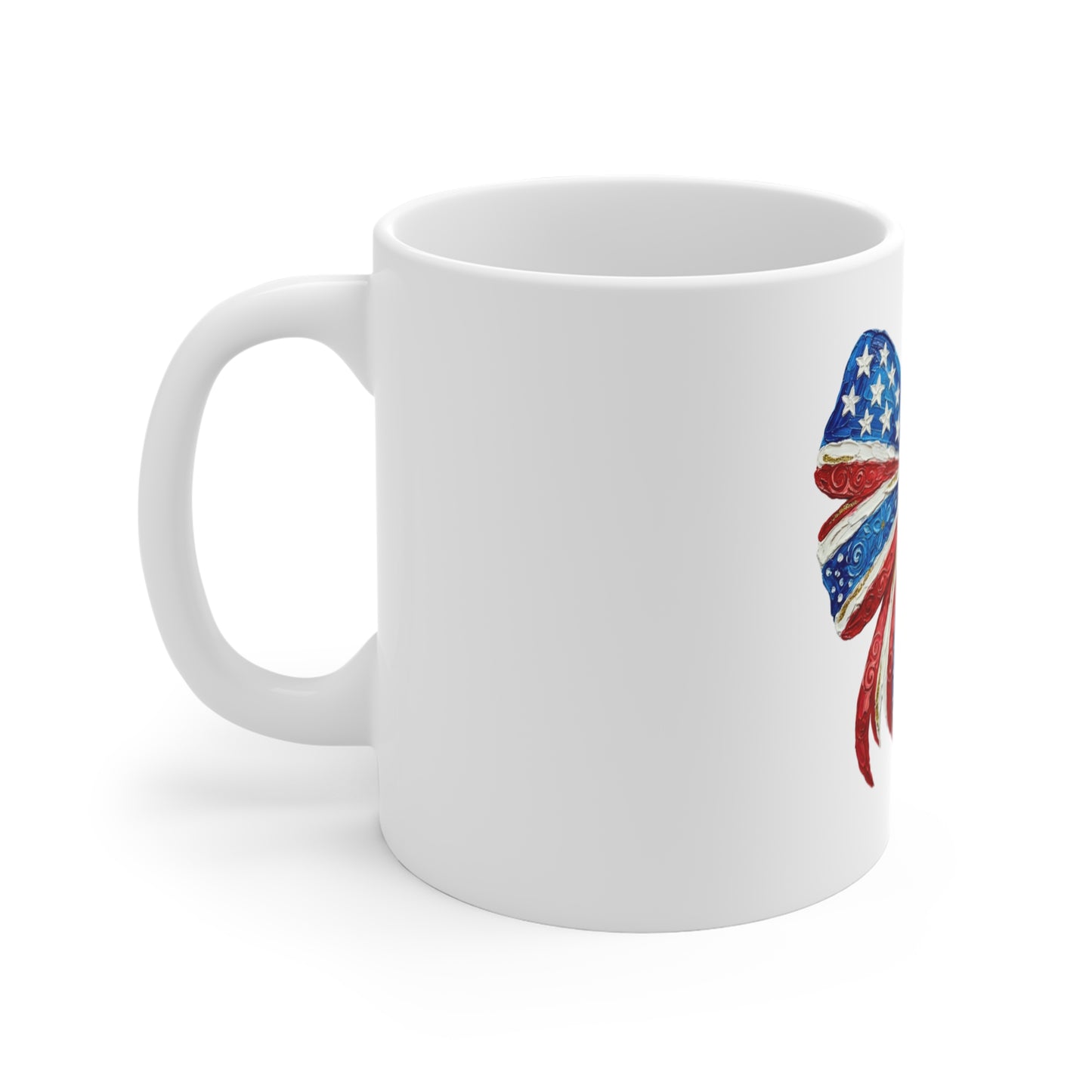 Patriotic American Flag Bow Mug - 11oz Fourth of July Coffee Cup
