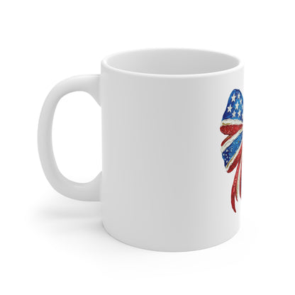 Patriotic American Flag Bow Mug - 11oz Fourth of July Coffee Cup
