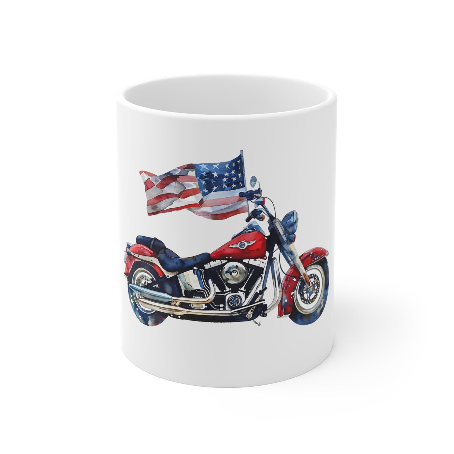 Patriotic Motorcycle with American Flag Mug – USA Biker Coffee Mug – Freedom Rider Flag Bike Cup – Vintage Americana Gift 11oz