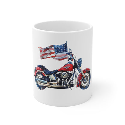 Patriotic Motorcycle with American Flag Mug – USA Biker Coffee Mug – Freedom Rider Flag Bike Cup – Vintage Americana Gift 11oz