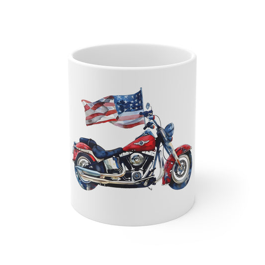 Patriotic Motorcycle with American Flag Mug – USA Biker Coffee Mug – Freedom Rider Flag Bike Cup – Vintage Americana Gift 11oz
