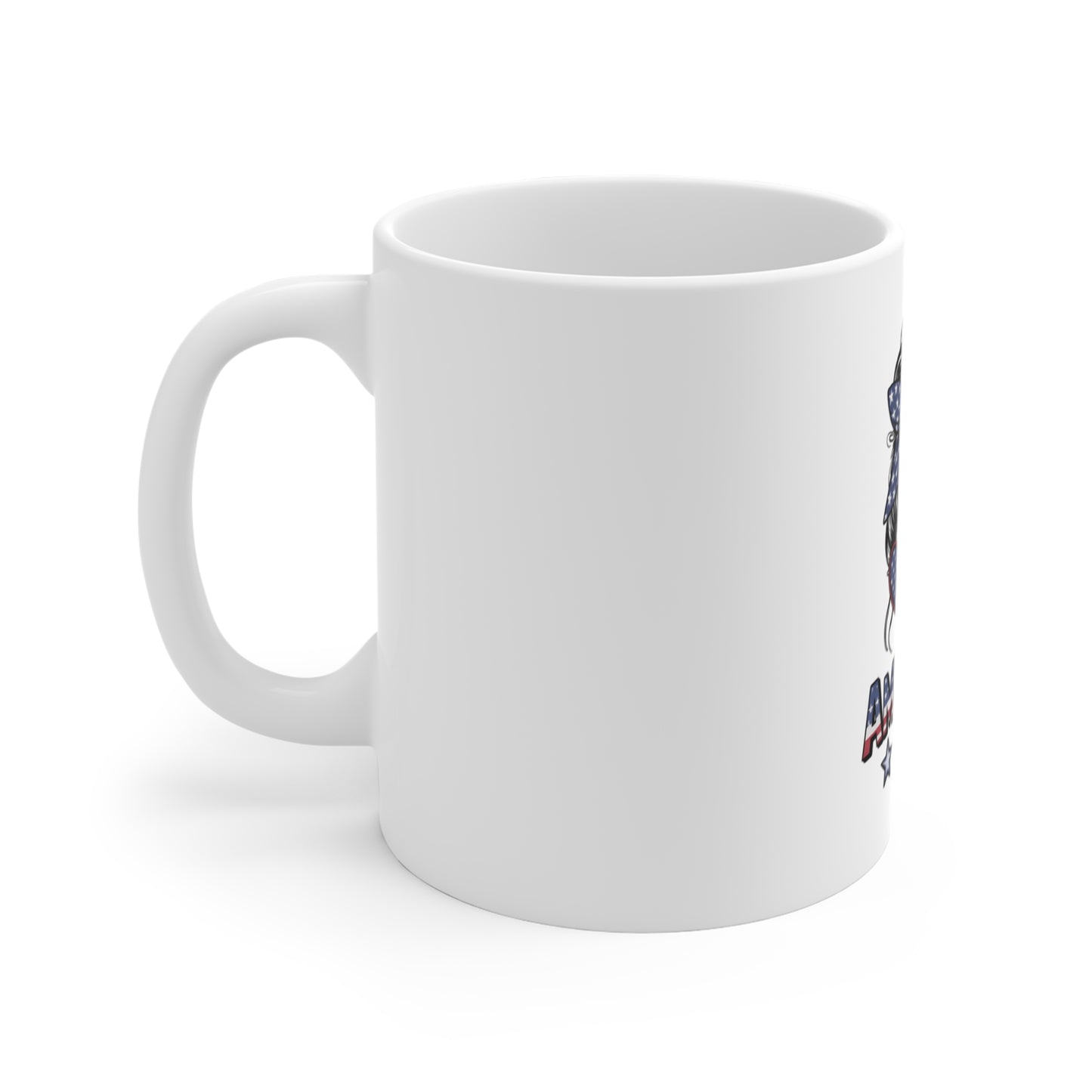 All American Girl Mug – Patriotic 11oz Coffee Cup with USA Flag Hair Bow & Sunglasses