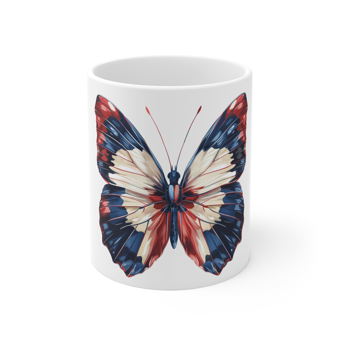 Patriotic Gloss Finish Butterfly Mug – Red White Blue High Shine Wing Coffee Mug – Modern Americana Art Cup – USA Gift Mug Mug 11oz