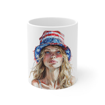 Patriotic Watercolor Woman Coffee Mug – USA Flag Hat Artistic Portrait Mug – Americana Soft Brush Art Cup – Elegant 4th of July Gift Mug 11oz
