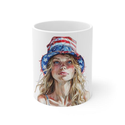 Patriotic Watercolor Woman Coffee Mug – USA Flag Hat Artistic Portrait Mug – Americana Soft Brush Art Cup – Elegant 4th of July Gift Mug 11oz