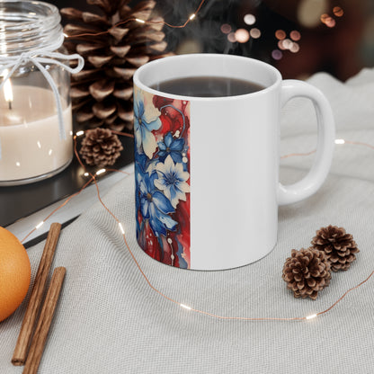Patriotic Blue Floral Coffee Mug – Layered Watercolor Flower Mug – Red White Blue Botanical Art Cup – Elegant Americana Mug Floral Stars Red White & Blue 11oz Ceramic Mug