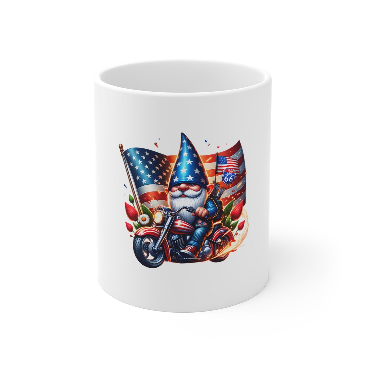 Patriotic Biker Gnome Mug — American Flag Motorcycle 11oz