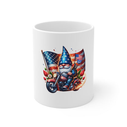 Patriotic Biker Gnome Mug — American Flag Motorcycle 11oz