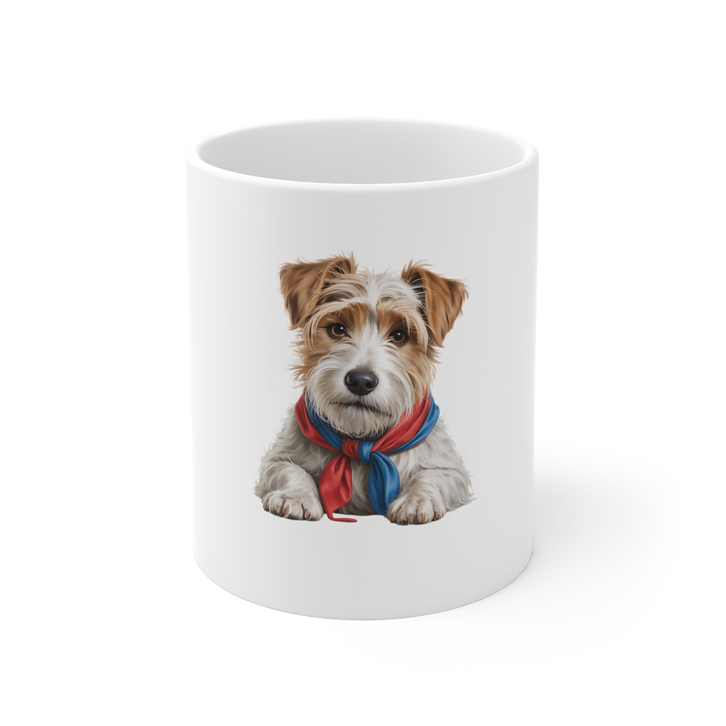 Jack Russell Dog Mug – Cute Puppy with Red & Blue Scarf, 11oz Coffee Cup