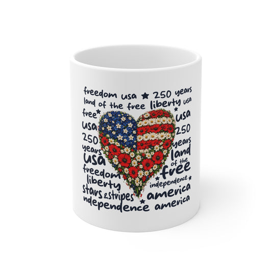 Patriotic Floral Heart Mug – Navy Typography USA Flower Heart Coffee Cup – 250 Years Freedom Design Mug 11oz