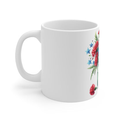 Patriotic Carnation Daisy Coffee Mug – Red White Blue Floral Mason Jar Mug – Americana Star Accent Cup – 4th of July Gift Floral Mason Jar Mug — Red Carnations & Daisies Coffee Cup