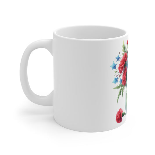 Patriotic Carnation Daisy Coffee Mug – Red White Blue Floral Mason Jar Mug – Americana Star Accent Cup – 4th of July Gift Floral Mason Jar Mug — Red Carnations & Daisies Coffee Cup