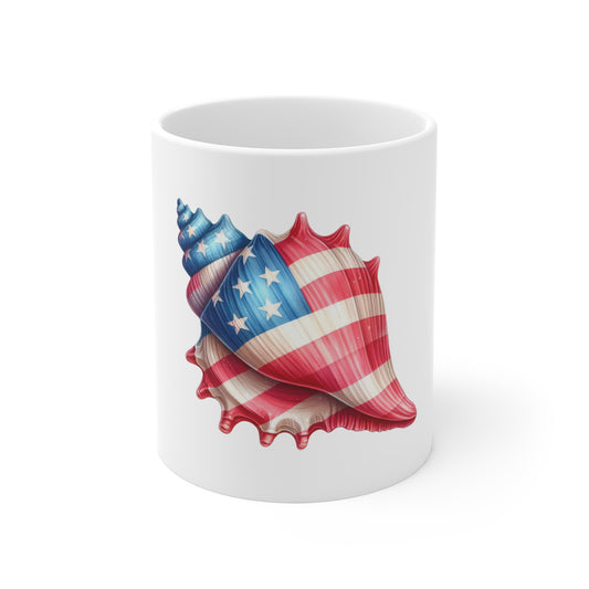 Patriotic Seashell Mug – American Flag Conch 11oz Coffee Cup