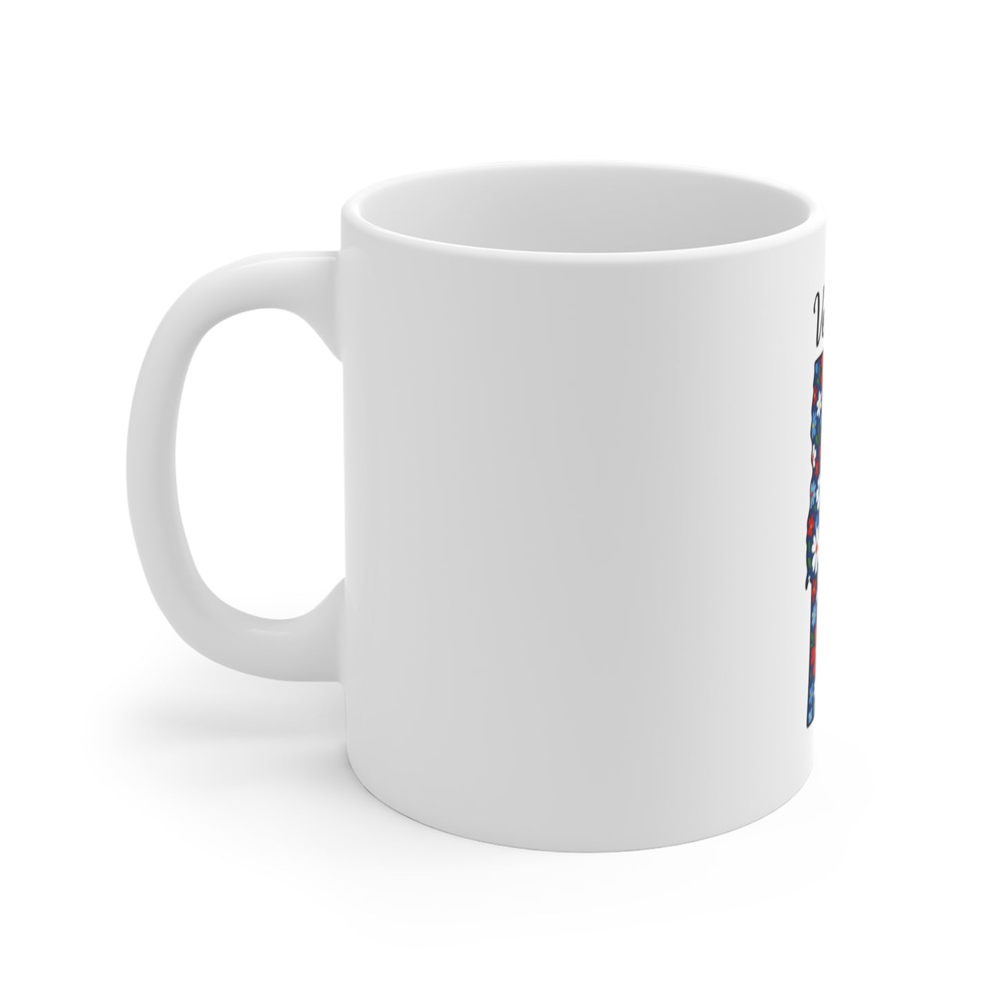 Vermont Floral State Shape Mug — 11oz Patriotic Red & Blue Flower Gift