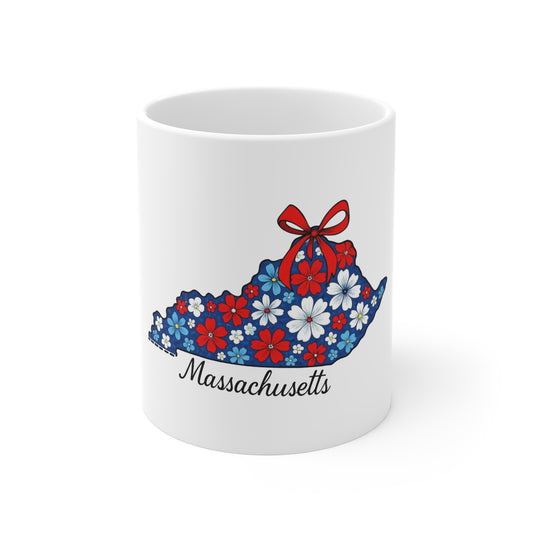 Massachusetts Floral State Outline Mug — Patriotic Red, White & Blue 11oz Coffee Cup