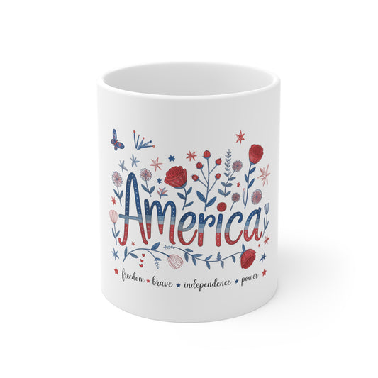 America Floral Mug — Patriotic 11oz Coffee Cup (Freedom • Bravery • Independence • Peace)