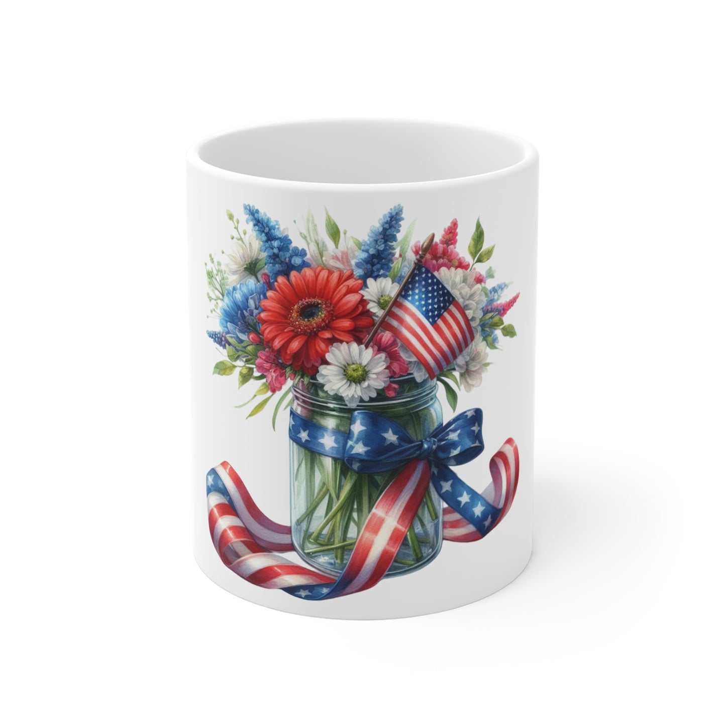 Patriotic Ribbon Floral Mason Jar Coffee Mug – Red White Blue Bouquet Mug – Americana Flag & Bow Cup – 4th of July Gift Mug Patriotic Floral Mason Jar Mug – American Flag Bouquet 11oz