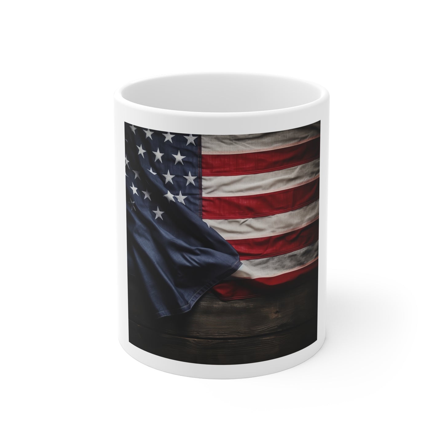 Draped American Flag Close-Up Coffee Mug – USA Flag Fabric Detail Mug – Rustic Patriotic Wood Mug – Vintage Americana Close View Cup American Flag Coffee Mug - Patriotic 11oz Ceramic Cup