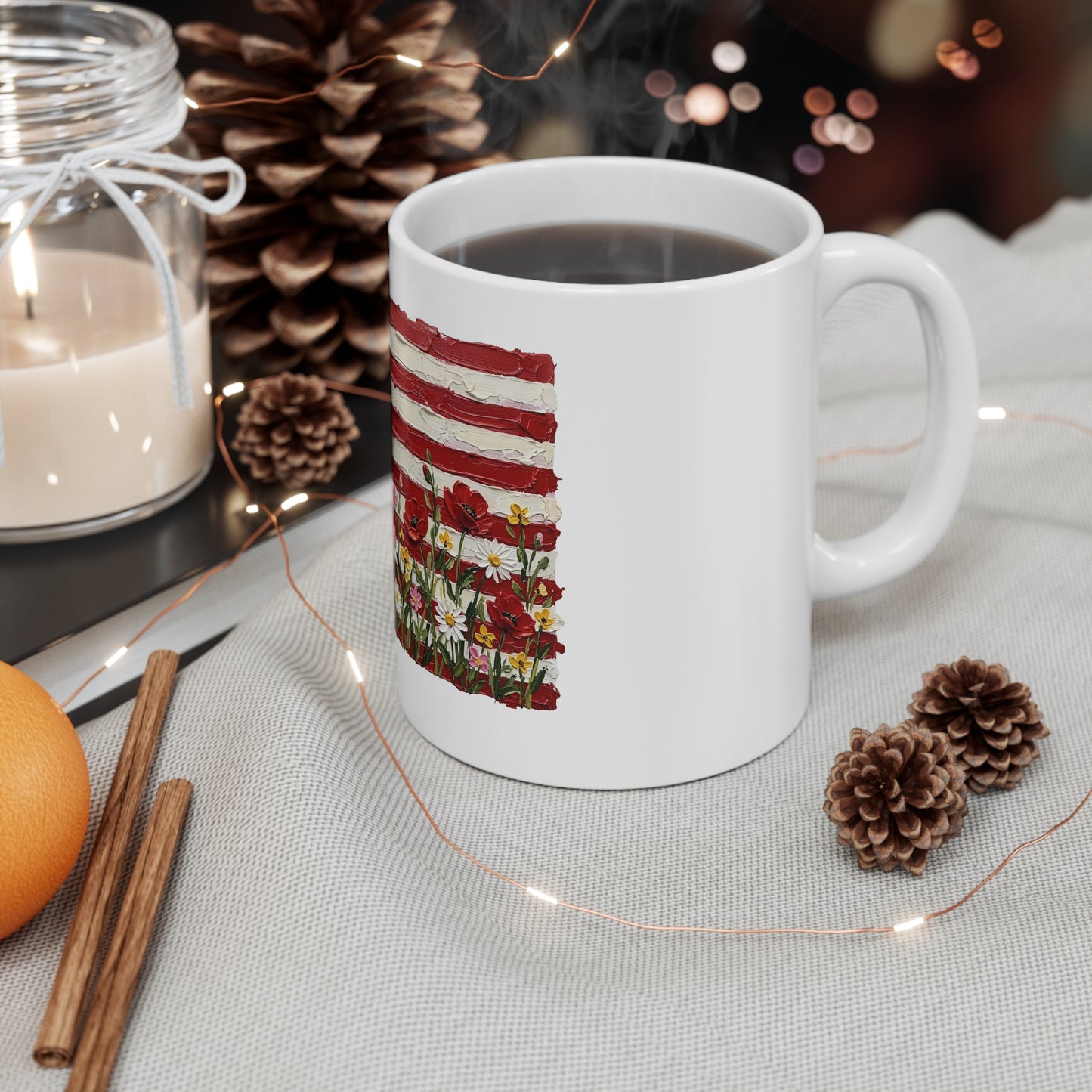 Patriotic Floral Flag Mug — American Flag with Wildflowers 11oz