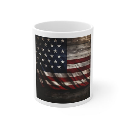 Rustic American Flag Coffee Mug – Wooden USA Flag Mug – Vintage Distressed Patriotic Mug – Rustic Americana Coffee Cup Distressed American Flag Coffee Mug - Patriotic 11oz Tea Cup