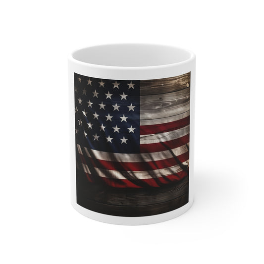 Rustic American Flag Coffee Mug – Wooden USA Flag Mug – Vintage Distressed Patriotic Mug – Rustic Americana Coffee Cup Distressed American Flag Coffee Mug - Patriotic 11oz Tea Cup