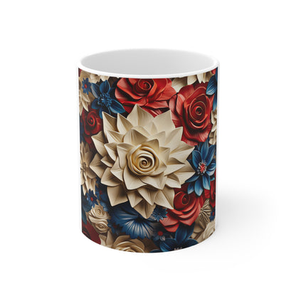 Patriotic 3D Rose Floral Coffee Mug – Red White Blue Sculpted Flower Mug – Layered Botanical Art Cup – Premium Americana Mug Floral Patriotic Mug — Red, White & Blue Paper Rose Pattern 11oz
