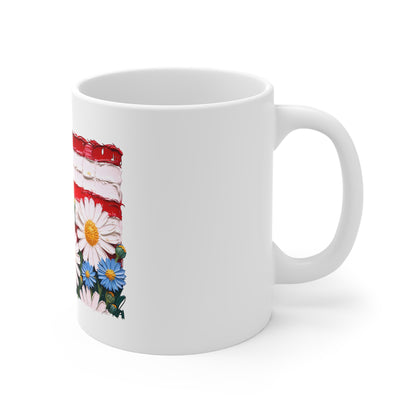 American Flag Floral Mug — Patriotic Poppy & Daisy Coffee Cup (11oz)