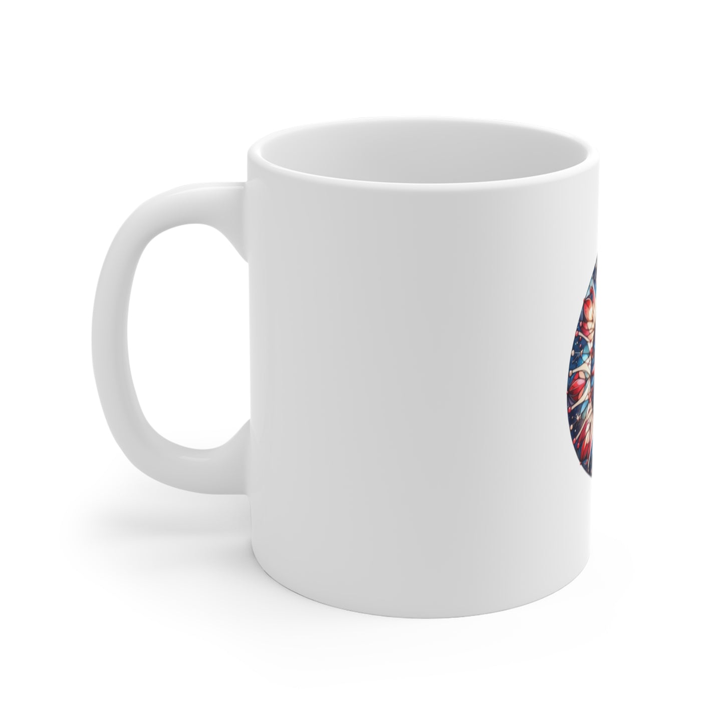 Stained Glass Starburst Mug – Patriotic Mandala Coffee Mug – Red White Blue Art Cup – Americana Star Design Gift Mug 11oz