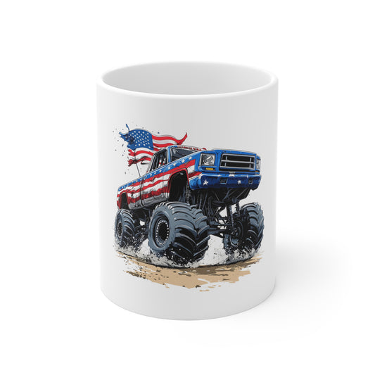 American Flag Monster Truck Coffee Mug – Patriotic Off-Road Truck Mug – USA Flag Truck Design – Rugged Americana Gift Mug 11oz