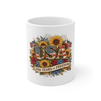 USA 250 Years of Freedom Mug – Patriotic Sunflower Floral Coffee Mug – American Flag Vintage Celebration Cup – 4th of July Gift Mug 11oz