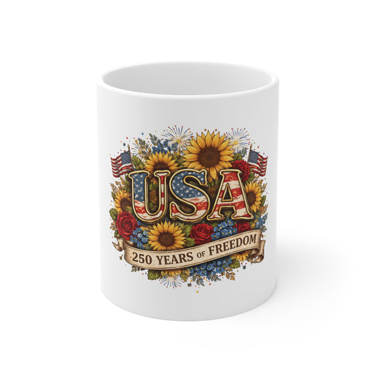 USA 250 Years of Freedom Mug – Patriotic Sunflower Floral Coffee Mug – American Flag Vintage Celebration Cup – 4th of July Gift Mug 11oz