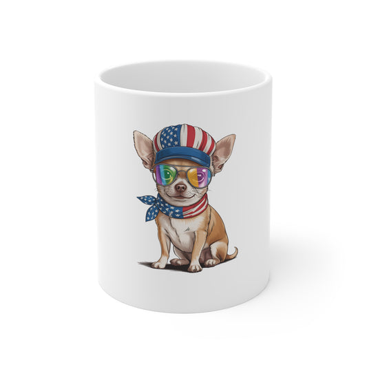 Patriotic Chihuahua Mug — Cute USA Flag Dog Coffee Cup (11 oz)