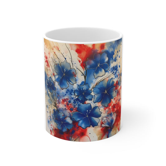 Patriotic Blue Floral Coffee Mug – Watercolor Splash Flower Mug – Red White Blue Artistic Bloom Cup – Americana Art Mug Blue & Red Watercolor Floral Mug — 11oz Artistic Flower Coffee Cup