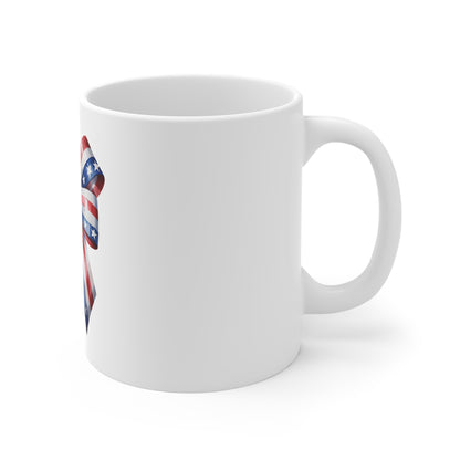 Patriotic Ribbon Bow Mug — American Flag Stars & Stripes 11oz Coffee Cup