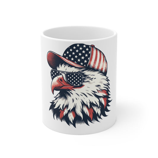 Patriotic Eagle Stars Sunglasses Coffee Mug – American Flag Bald Eagle Mug – USA Freedom Bird Cup – Vintage Americana Gift Mug 11oz