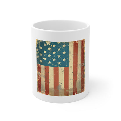 Vintage American Flag Coffee Mug – Vertical Patriotic USA Mug – Distressed Stars & Stripes 11oz Ceramic Cup – Classic Americana Gift