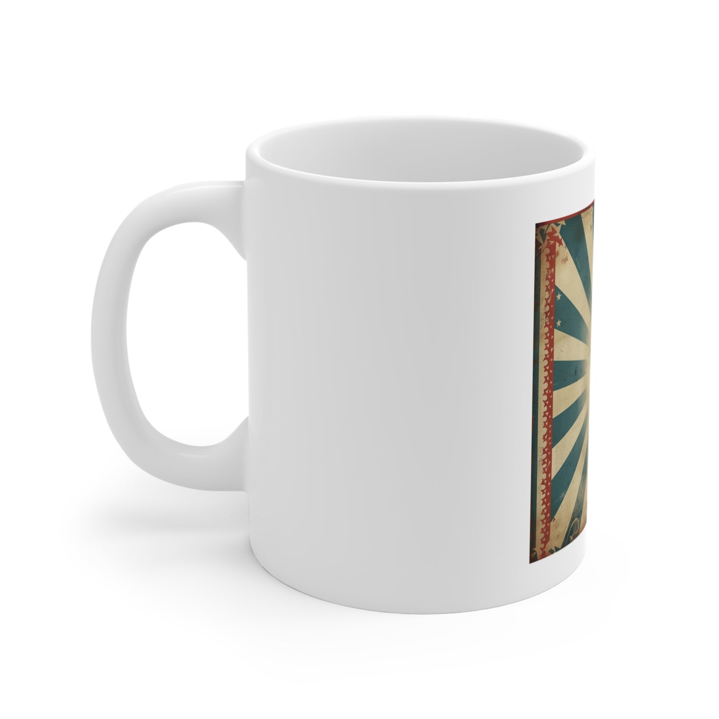 Vintage Americana Sunburst Coffee Mug – Distressed Patriotic Rays Mug – Retro USA Poster Style Cup – Rustic Heritage Gift Vintage Sunburst Mug — Retro Distressed Radial Design 11oz