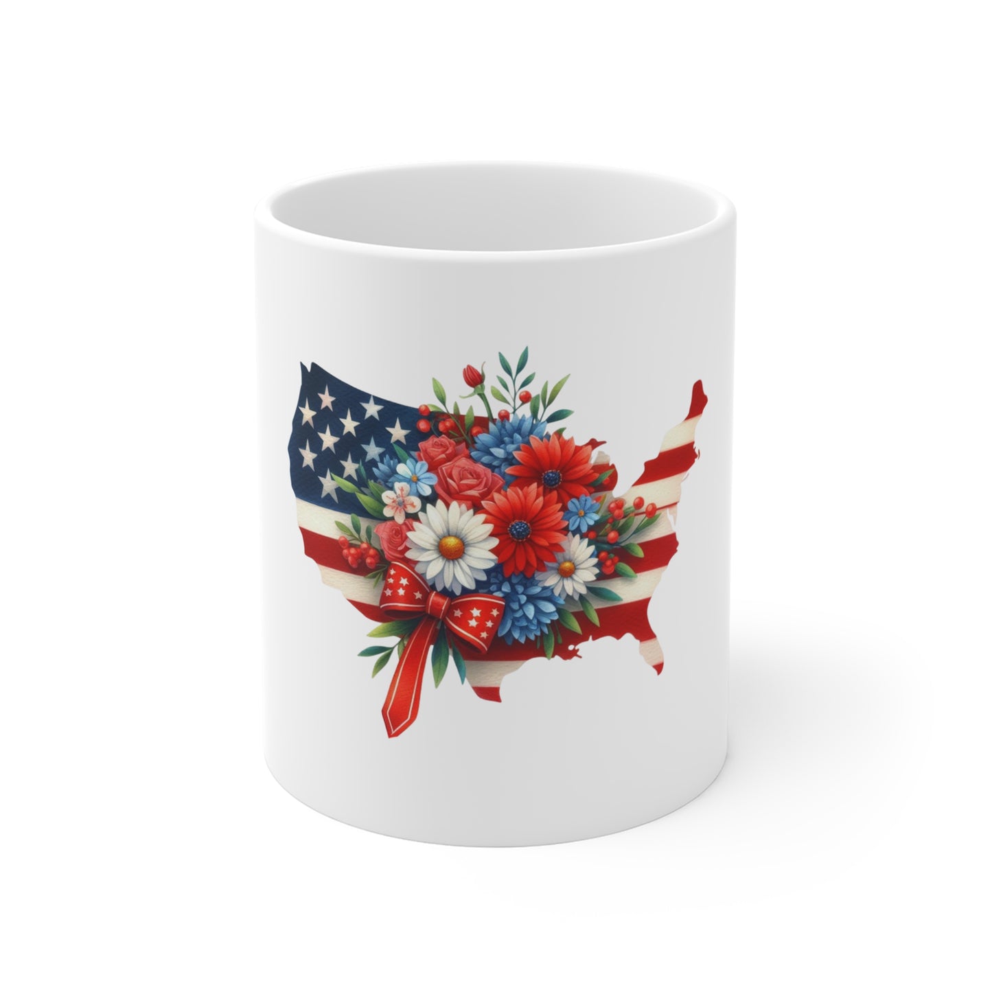 Patriotic USA Map Floral 11oz Coffee Mug — American Flag Bouquet Gift for Fourth of July