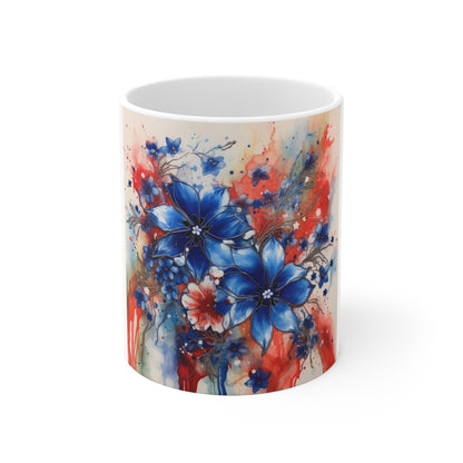 Patriotic Floral Bouquet Coffee Mug – Red White Blue Watercolor Flowers Mug – Elegant Americana Bloom Cup – Soft Artistic Gift Patriotic Watercolor Floral Mug – Blue & Red Splash 11oz Coffee Cup...