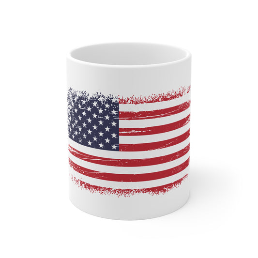 Grunge American Flag Mug – Distressed USA Flag Coffee Cup – Bold Patriotic Vintage Design Mug 11oz