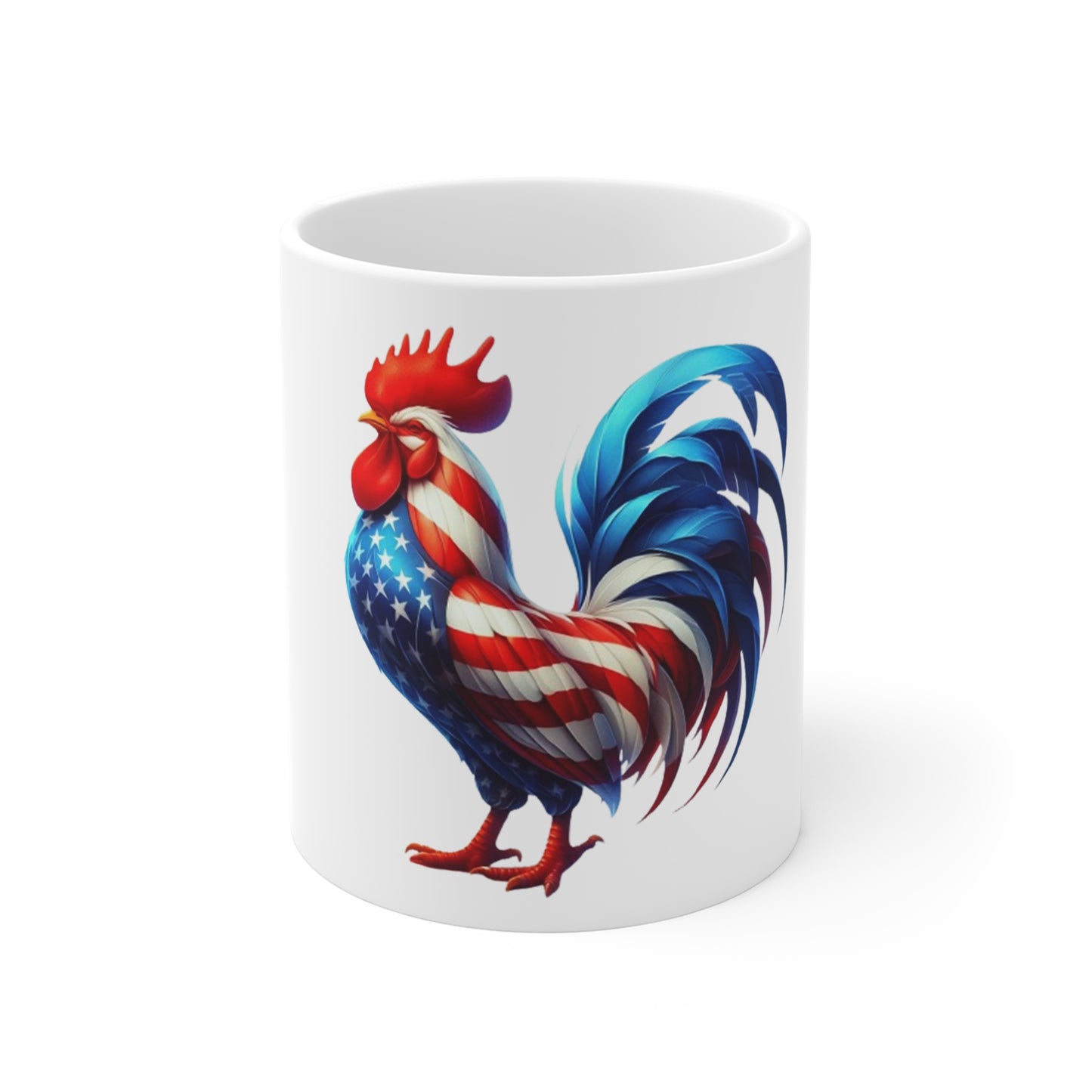 Patriotic Rooster Coffee Mug – American Flag Feather Rooster – Red White Blue Chicken Mug – Bold Americana Gift American Flag Rooster Coffee Mug — Patriotic 11oz Ceramic Mug