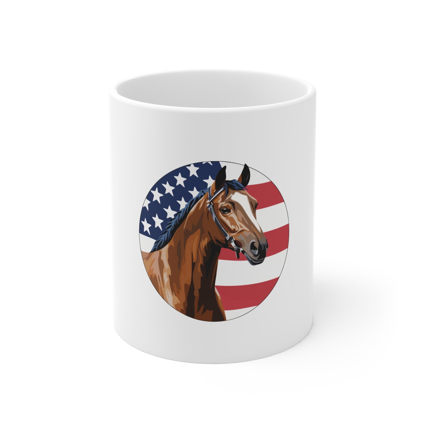 American Flag Horse Mug — Patriotic Equestrian Coffee Cup (11 oz)