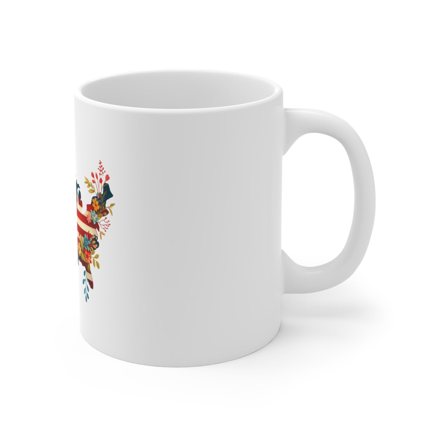 USA Floral Map Mug — Patriotic American Flag Flower Coffee Cup (11oz)