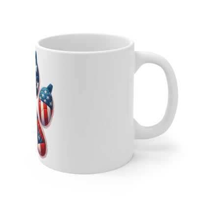Patriotic Dog Paw Coffee Mug – Americana Patchwork Paw with Fur Detail – Red White Blue Dog Lover Mug – USA Pet Gift Cup Patriotic Paw Print Mug — 11oz American Flag Dog Paw Coffee Cup